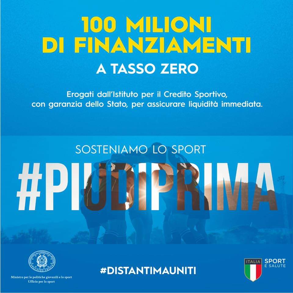 🔴 100 milioni di finanziamenti a tasso zero. Erogati dall'Istituto per il credito sportivo, con garanzia dello Stato, per assicurare liquidità immediata.
Sosteniamo lo Sport.
#PIÙDIPRIMA
#DISTANTIMAUNITI https://t.co/uaIGC3erBy