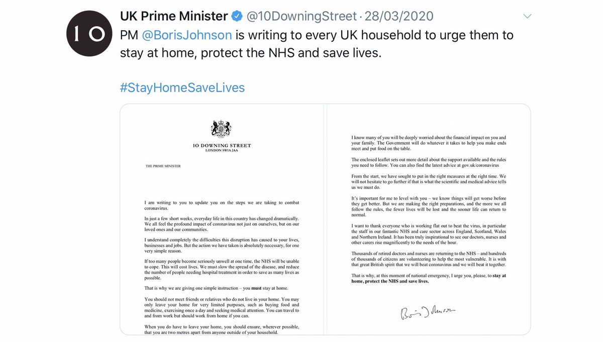 28 March: a few hours after Dominic Cummings drives 264 miles from London to Durham, Boris Johnson writes to every household in the UK, “to urge them to stay at home.”