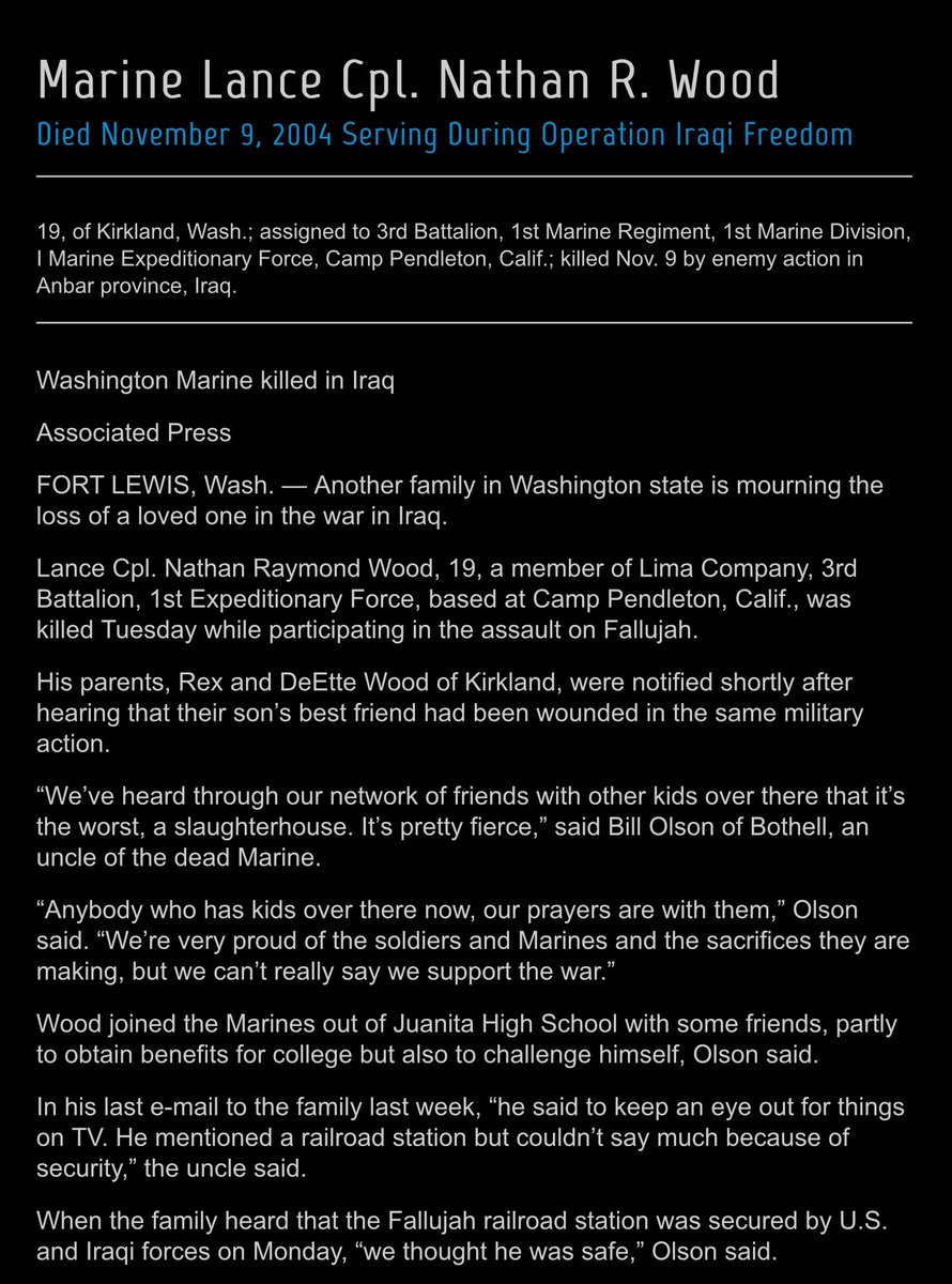 qvalemangusta's tweet photo. @ArlingtonNatl @nonspamming I’ll never forget seeing a photo in ur temp memorial of a young marine named Nathan Wood.  What r the odds I would see him that yr we visited?  Rest In Peace Nathan...our family sponsored u &amp; ur best buddy..He came back but u didn’t...
#MemorialDay2020 
#BattleofFallujah https://t.co/hIa3rPjBpf