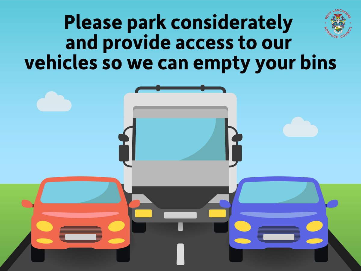Westlancsbc's tweet photo. We would like to ask could you please make sure you park your cars considerately so our wagons can get through to pick up the bins on your street.

Your support makes all the difference to our crews so make sure you #WaveToWasteWorkers when you see them on their rounds this week https://t.co/STD8Y06C4G