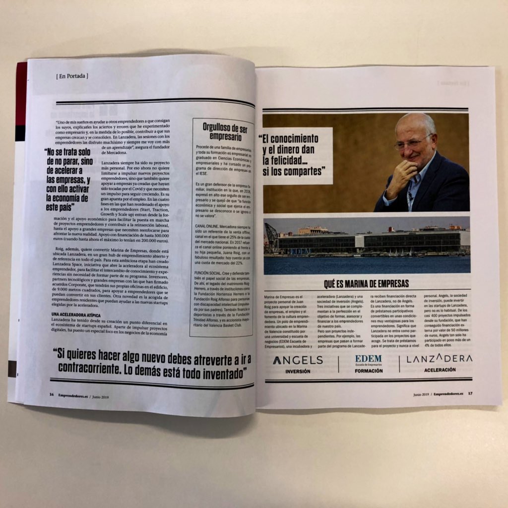 lanzaderaes's tweet photo. ¡Nos hace mucha ilusión este mes ser la portada de la revista @Emprendedores! ❤️ En ella podrás conocer mejor Lanzadera y @marina_empresas, a través de Juan Roig. 🗞 https://t.co/qRp1DKPE2H