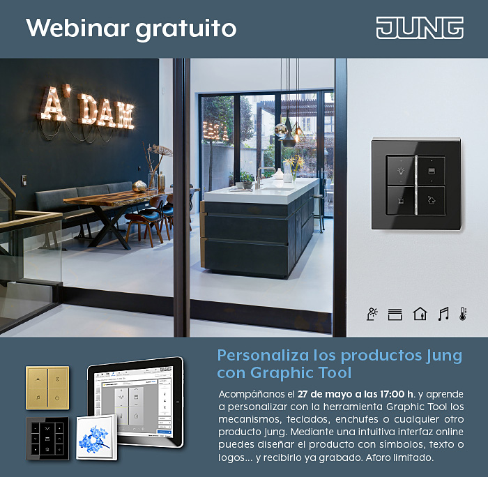 Jung_Iberica's tweet photo. 10º #JUNGWEBINAR GRATUITO para profesionales y usuarios: Personaliza los productos Jung con #GraphicTool
✅Con Graphic Tool identificas las funciones de tus teclados para un uso más intuitivo, y los recibes grabados
Miércoles 27 mayo 17:00 h Inscripción https://t.co/s0x4B1Pr1W https://t.co/iedEGjom8P