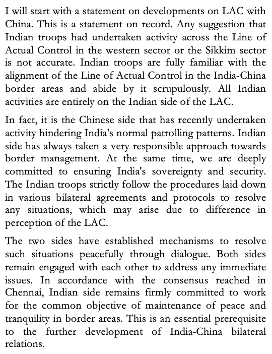 Following PRC MFA's accusatory statement,  @MEAIndia pushing back against the Chinese claims about India's actions -- but once again reiterating that India was committed to resolving the situation 6/