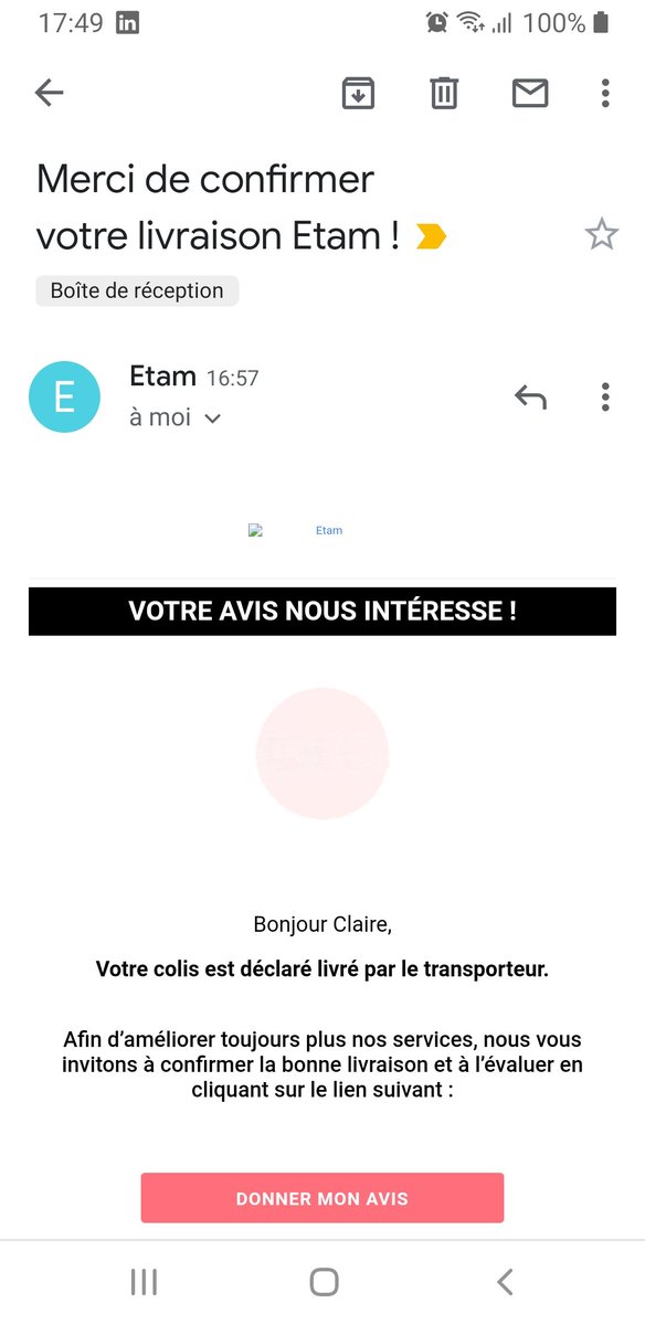 CatteauClaire's tweet photo. @etam_france  l'objet du mail n'est pas top "merci de" ça ne donne pas du tout envie 🤔 https://t.co/R9fTIwmeFW