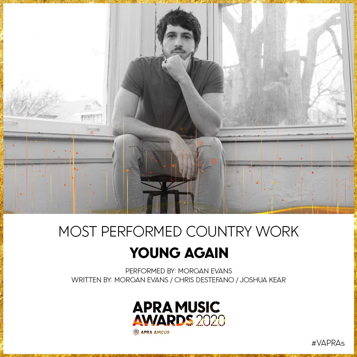 morganevansnews's tweet photo. Three years in a row // Congratulations Morgan for once again taking home the award for Most Performed Country Work for his song “Young Again” co-written with @destefanomusic &amp; @joshkear. 🏆 #VAPRAs https://t.co/td4vmO2I87