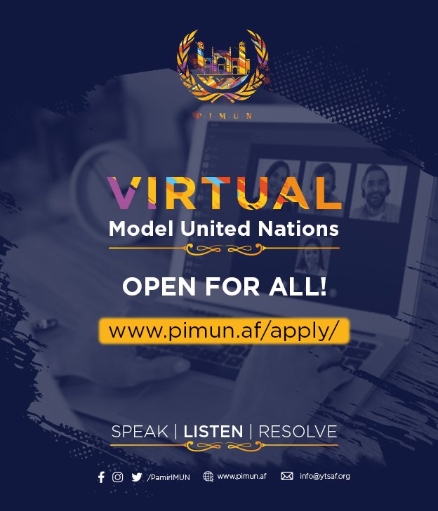 yts_af's tweet photo. The Virtual MUN to be organized in the month of June 2020 is open for all*. The selected participants will discuss on topics related to Peace &amp; Security during the COVID-19 pandemic.

Apply here: https://t.co/3kJ3oiuBDT
Deadline: 30th May 2020

* It's open for all students. https://t.co/JqrGATQbLA
