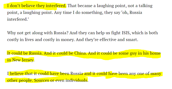 7/ now to the narrative.As of Nov 28, 2016, Trump remained skeptical of https://time.com/4591183/time-person-of-the-year-2016-donald-trump-interview/ intel community's attribution of DNC hack to Russia. He admitted possibility, but wasn't convinced based on then available information. This really annoyed media.