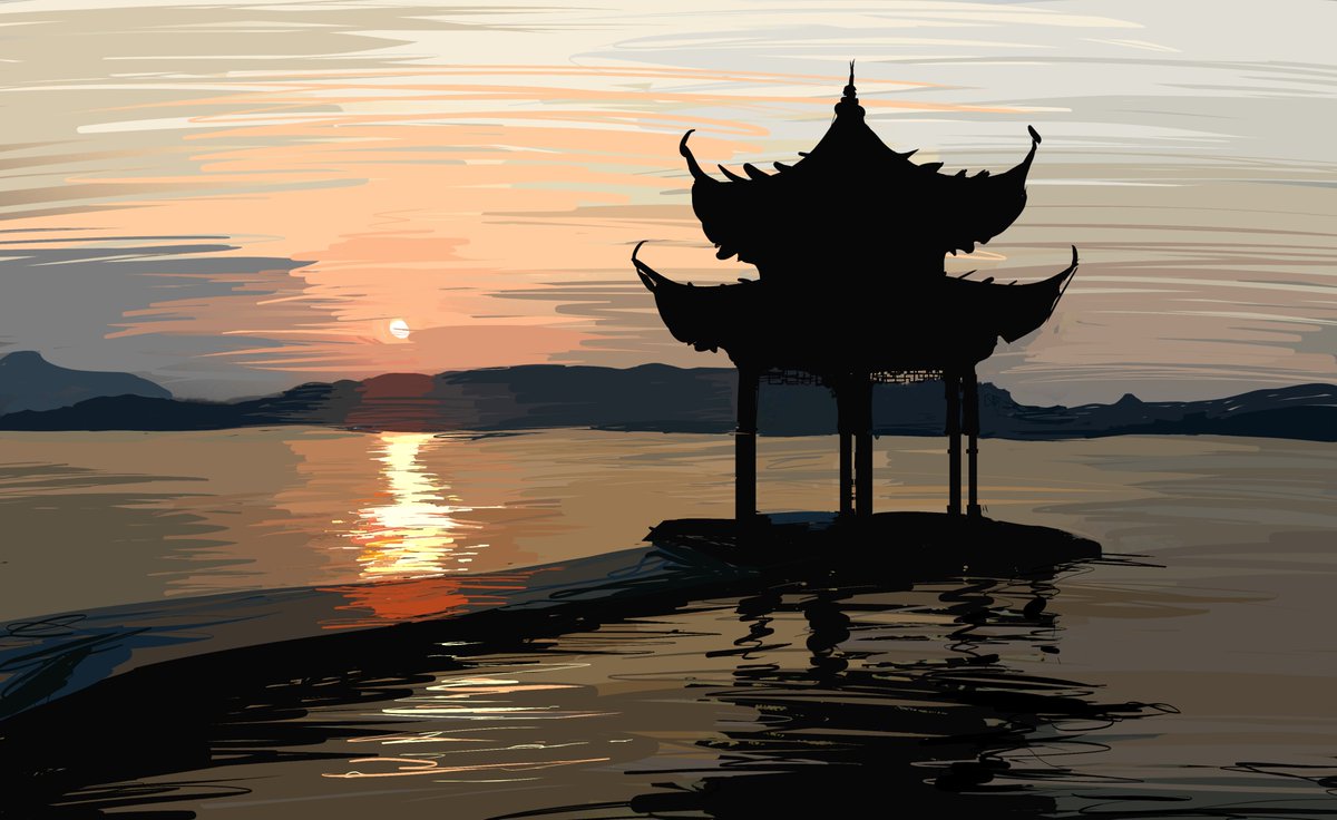 Pteroterror's tweet photo. Quick colour study - West Lake, Hangzhou https://t.co/V5L5jwMmTu