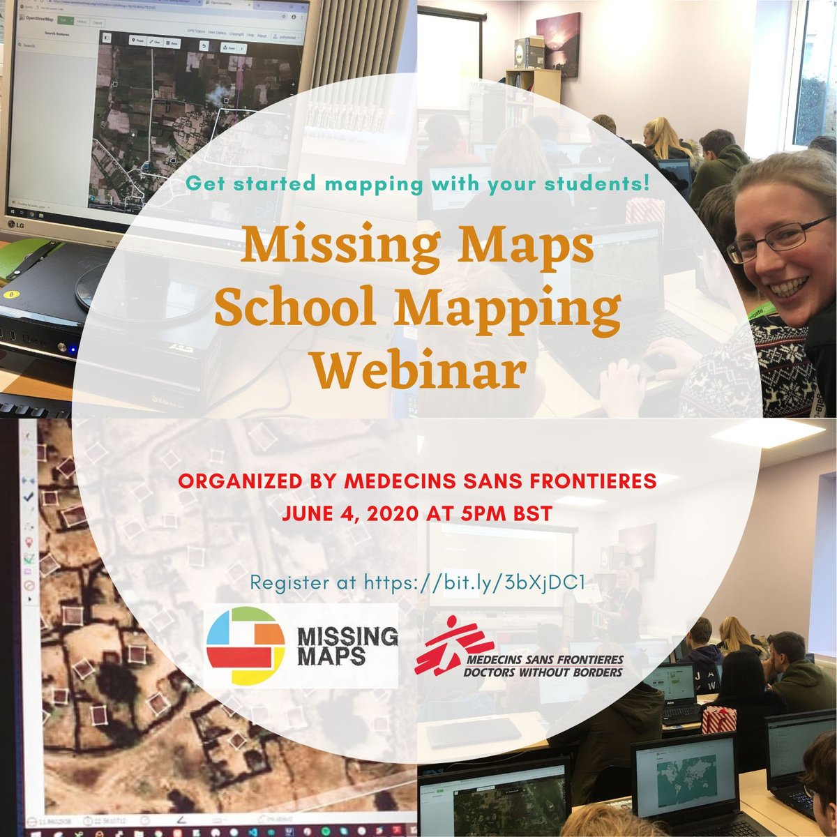 TheMissingMaps's tweet photo. Teachers, educators, service coordinators: do you want to get set up for mapping with students 👩‍🏫👨‍🏫🗾🖥👩‍💻👨‍💻and could use some pointers? @MSF_uk &amp;
@MSF_czech will held a webinar for you on 4 June. You can register here: https://t.co/Pii5rgEGLS https://t.co/SVEdGBbArl
