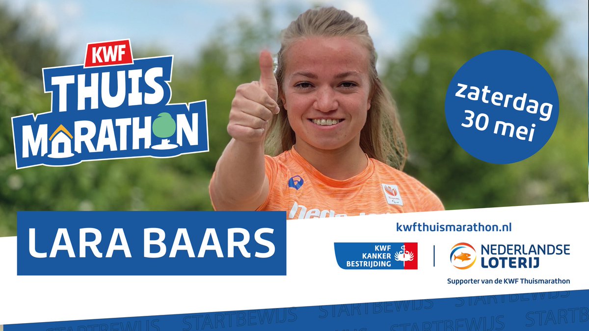 Op zaterdag 30 mei komt ook topatlete <a href="/larabaars/">Lara Baars</a> in actie samen met het Oranje Peloton tijdens de #KWFThuismarathon! 

Lara: 'Samen in beweging voor <a href="/KWF/">Kenneth @kwf@social.afront.org</a>? Natuurlijk! Sluit jij ook aan bij ons team?'💪 

Check🔜 bit.ly/3d1SWgJ

#KWFThuismarathon #SamenSterklara