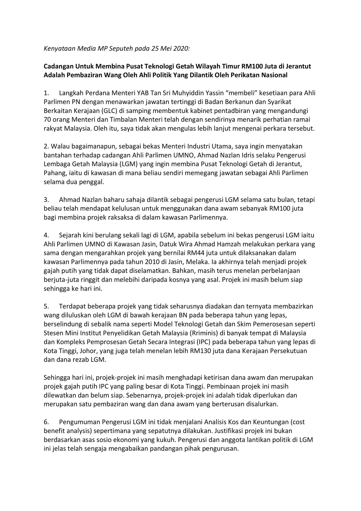 Emmanuelsamarathisa On Twitter Bahasa Version Of Kok S Statement Regarding Malaysian Rubber Board Chair Ahmad Nazlan Idris Fast Tracked Rm100 Mil Tech Centre To Be Set Up In His Constituency Of Jerantut Https T Co 0qod0qkb7k