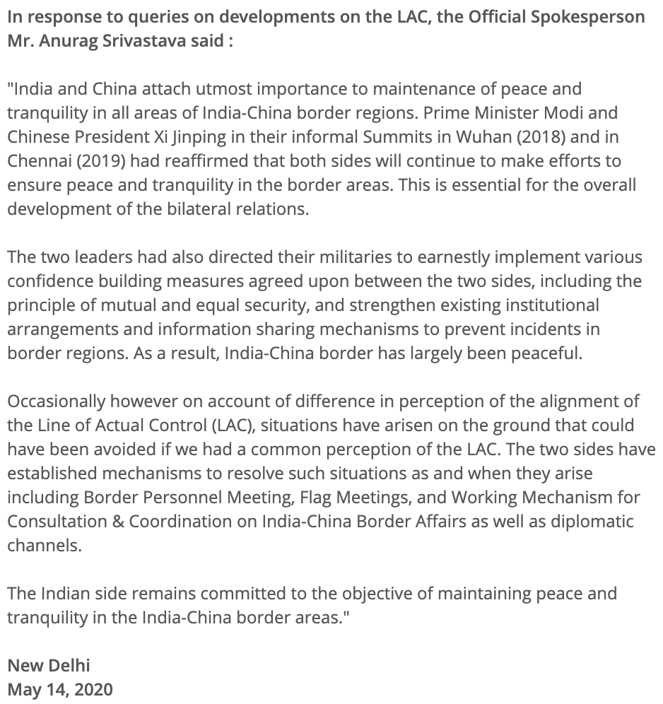 . @MEAIndia subsequently issued a stmt acknowledging some differences at the Line of Actual Control & saying they were being resolved. (Hard to know if they were cleaning-up the COAS stmt but MEA did not repeat his "both sides" or "nthg to do w/ other things" sentiment) 4/