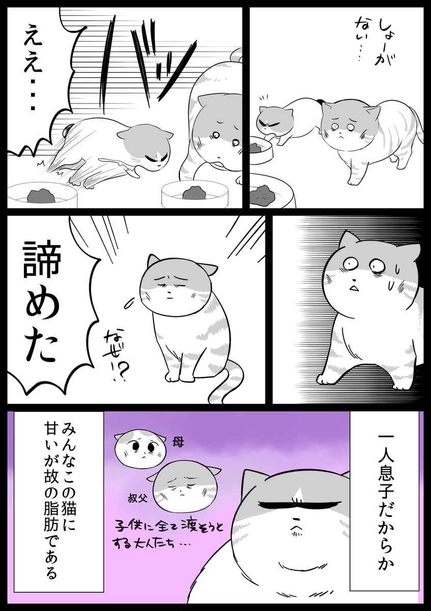 【#食い意地のはった猫 18】
この猫によって犠牲になったものシリーズ。

母猫と叔父猫(作中間違えました)。
この後部屋を分けたけど、どうしても同じ部屋に行こうとして大変だった。
本当にすべてのごはんを譲ろうとしてて
猫は小さい者に弱いのかも。。。

#猫漫画 #猫のいる暮らし #JR漫画 