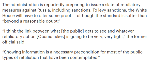 10/ The Hill article noted that Obama admin was reported to be preparing “retaliatory measures, including sanctions” and naively asserted that “to levy sanctions, WH will have to offer some proof”, with one official expecting link to be “very, very tight”. Uh, huh.