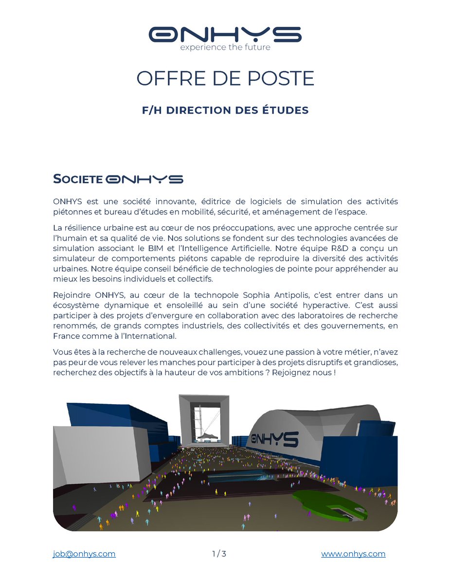 ONHYS_software's tweet photo. 📢 #ONHYS recrute deux profils :

✅F/H DIRECTEUR D’#ÉTUDES

✅F/H #INGÉNIEUR #INFORMATIQUE R&amp;D #SIMULATION PHYSIQUE DE GRANDES FOULES

Vous êtes à la recherche de nouveaux challenges et de projets disruptifs et grandioses ? 

Rejoignez #ONHYS 👉 job@onhys.com

#simulationdefoule https://t.co/EdsduKW2et
