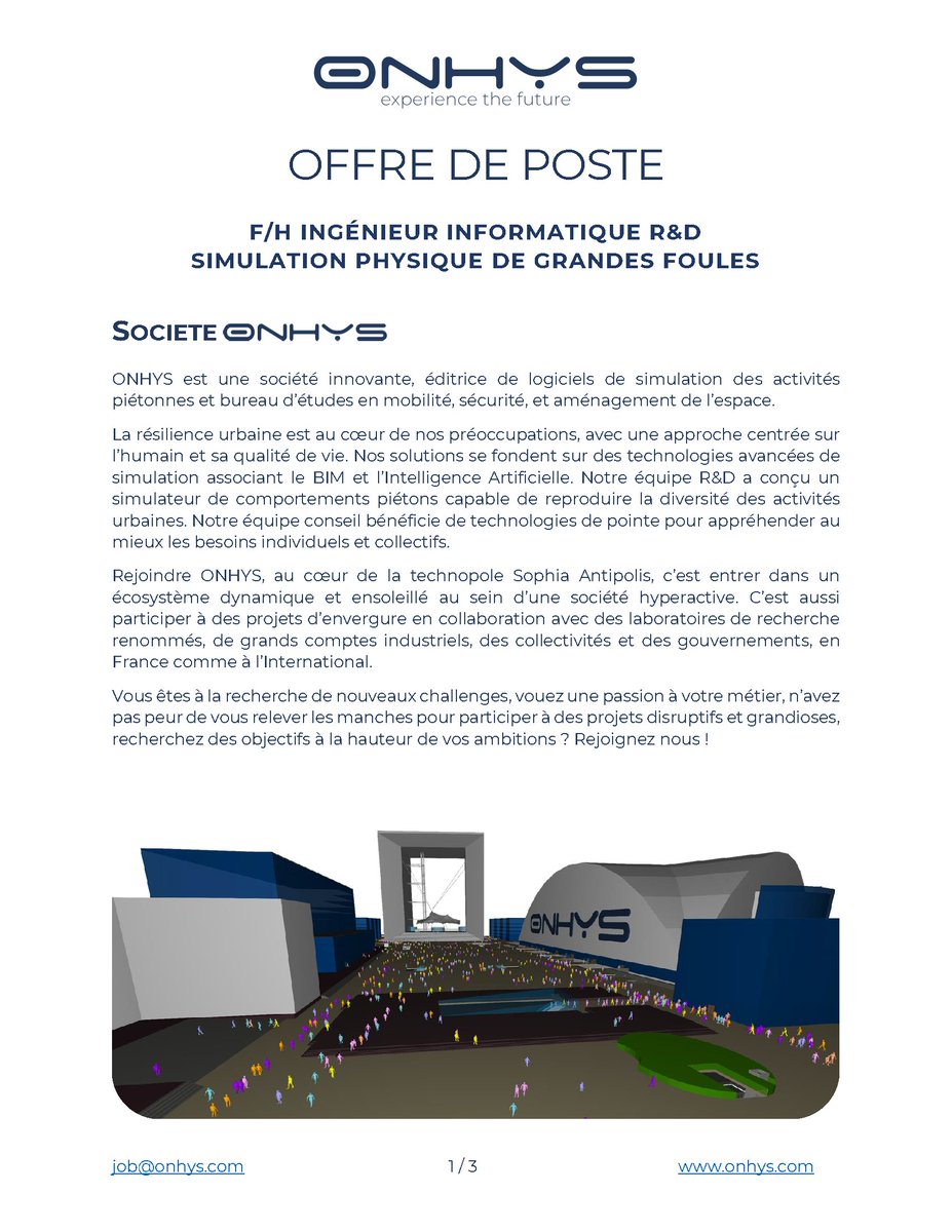 ONHYS_software's tweet photo. 📢 #ONHYS recrute deux profils :

✅F/H DIRECTEUR D’#ÉTUDES

✅F/H #INGÉNIEUR #INFORMATIQUE R&amp;D #SIMULATION PHYSIQUE DE GRANDES FOULES

Vous êtes à la recherche de nouveaux challenges et de projets disruptifs et grandioses ? 

Rejoignez #ONHYS 👉 job@onhys.com

#simulationdefoule https://t.co/EdsduKW2et