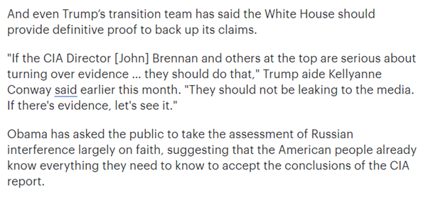 11/ At the time, the Trump transition team demanded that Brennan and others show their evidence, rather than just leak. Kellyanne Conway: " let's see it [the evidence]."