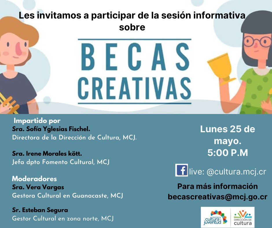 oijdigital's tweet photo. ¿Sabías que el @MCJ_CR #CostaRica está ofreciendo unas #becascreativas? Hoy lunes 25 a las 17:00 (Hora Costa Rica), la @DirCulturaMCJ a través de la página 👉 https://t.co/mCClWtVoTW, estará contando ¿qué son?, ¿quiénes pueden participar?, y mucho más. https://t.co/vAmWz40cBF