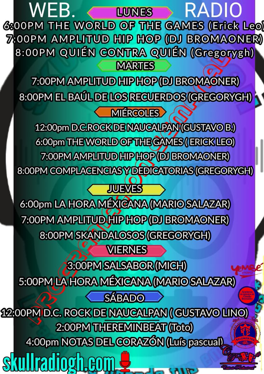 Skullradiogh1's tweet photo. ESTA ES LA GRAN PROGRAMACIÓN DE ESTA SEMANA ....NO TE PIERDAS LOS PROGRAMAS 
https://t.co/98faa9fdr5
#EXELENTE_INICIO_DE_SEMANA https://t.co/bdswboTtdd