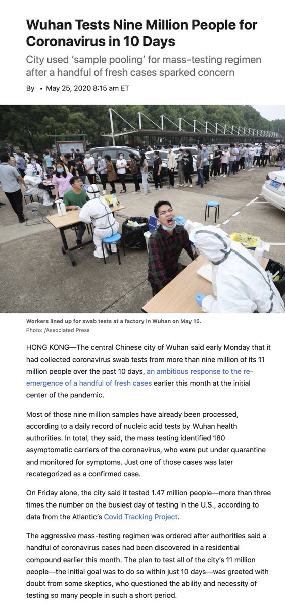 9 million #COVID19 tests in 10 days (1.4 M in 1 day)
180 asymptomatic cases found and isolated. 
Use of pooled samples.
That's massive testing to contain a potential rebound in Wuhan after reopening.
wsj.com/articles/wuhan… by <a href="/xinwenfan/">FAN Wenxin</a> h/t <a href="/leHotz/">Robert Lee Hotz</a>