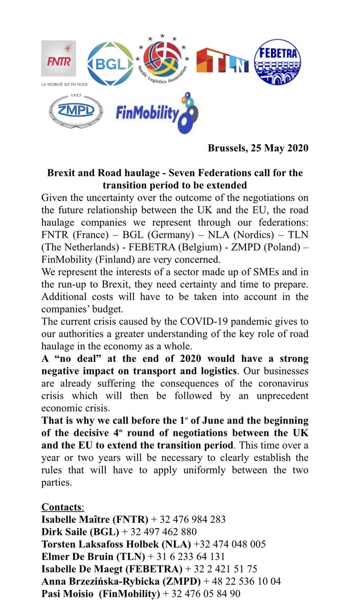 FEBETRA's tweet photo. La crise corona nous fait parfois oublier qu'une autre crise pourrait également avoir un grand impact sur le transport et la logistique: un #Brexit sans accord. Une prolongation de la période de transition s'impose!
@FNTR @bgl_logistik @TLNnieuws @nla_nordic #ZMPD @smetrabxl https://t.co/6oNy0se3di