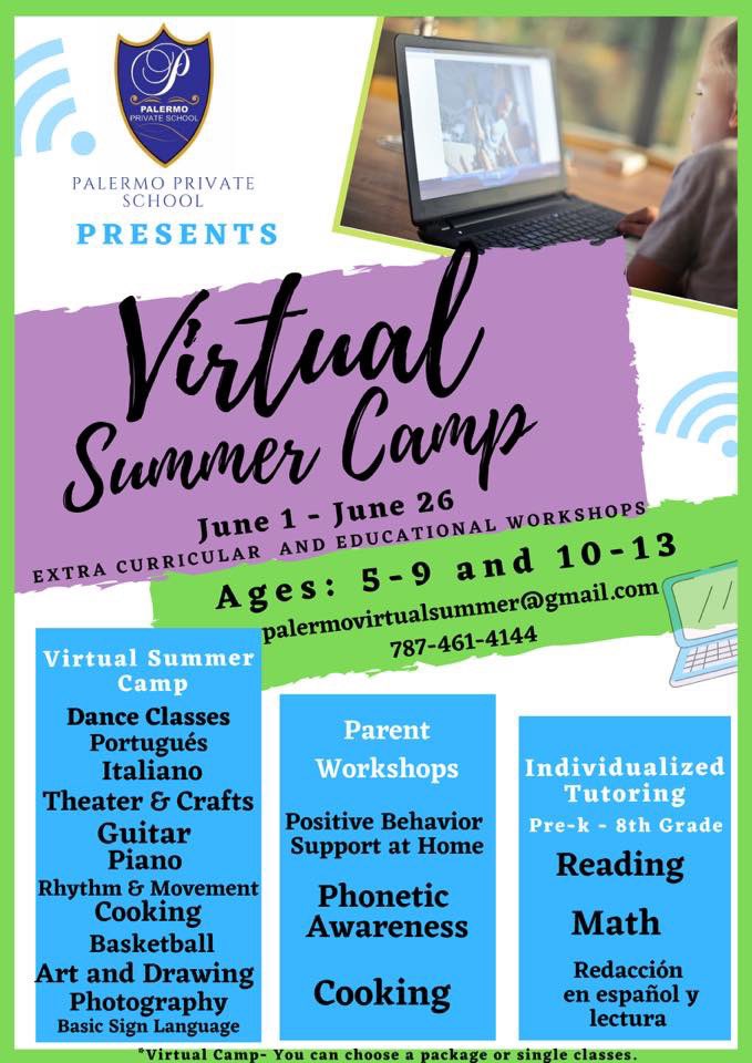 Palermo Private School Virtual Summer Camp
Fechas: 1 al 26 de junio de 2020
Edades: 5 a 13 años
Costo: $45 en adelante / $150 (4 Talleres)
Detalles en 👉 bit.ly/2ZtGgLJ