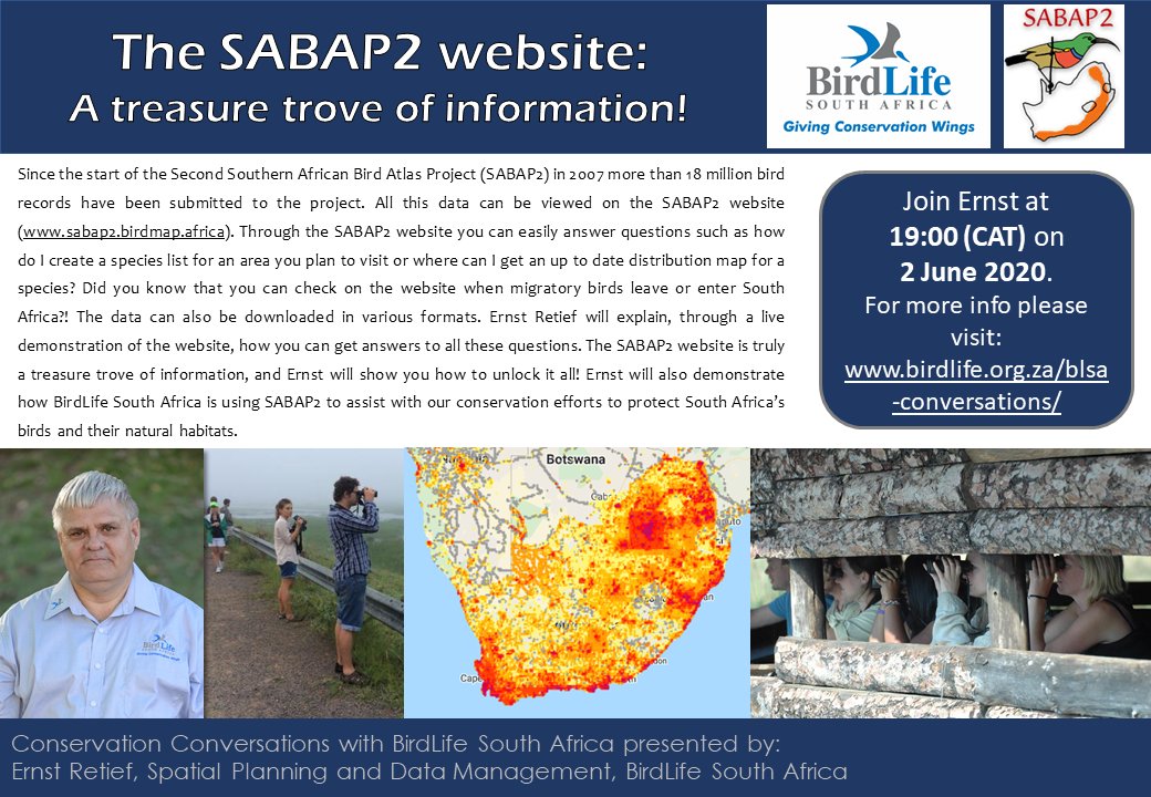 Next week 2 June <a href="/efretief/">Ernst Retief</a> will chat about the amazing database behind <a href="/SA_birdatlas/">South African Bird Atlas</a> project! Listen in! <a href="/BirdNigeria/">Nigeria Bird Atlas Project</a> <a href="/blng_blgn/">BirdLife Northern GP</a> <a href="/BirdLifePN/">BirdLife Port Natal</a> <a href="/CapeNature1/">CapeNature</a>