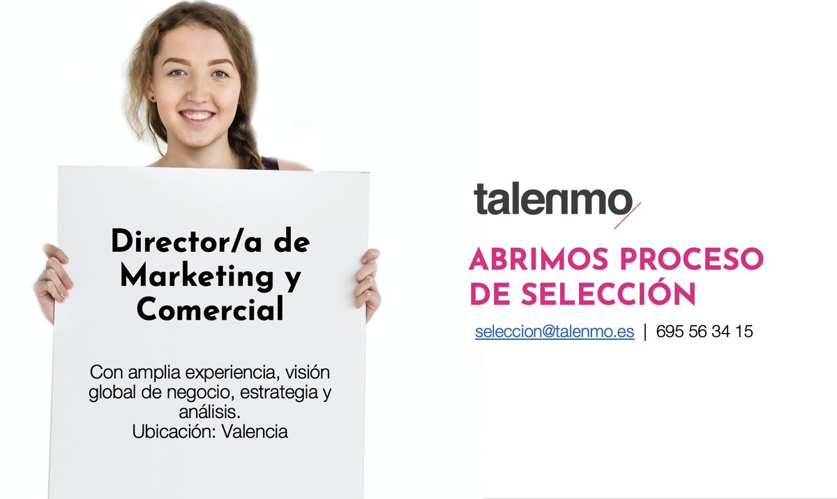 ABRIMOS PROCESO DE SELECCIÓN ¿Te apetece un nuevo reto? Ponte en contacto con nosotros :) seleccion@talenmo.es o por teléfono /whatsapp al 695 56 34 15