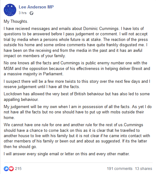 It's not just on Twitter. Now, Tory MPs are copying each other's messages about Dominic Cummings on Facebook too...Notice how each of them passes them off as their own views?