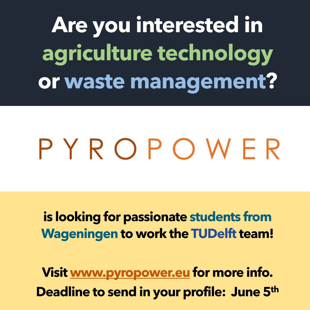 PyropowerEurope's tweet image. Pyropower is hiring!📢📢

Are you fancy agriculture technology 🌿or waste management?
We are looking for passionate students from Wageningen University (@WUR ) to work with us.

#pyropower #wastemanagment #climateaction #agriculture  #wageningenuniversity #tudelft #delft