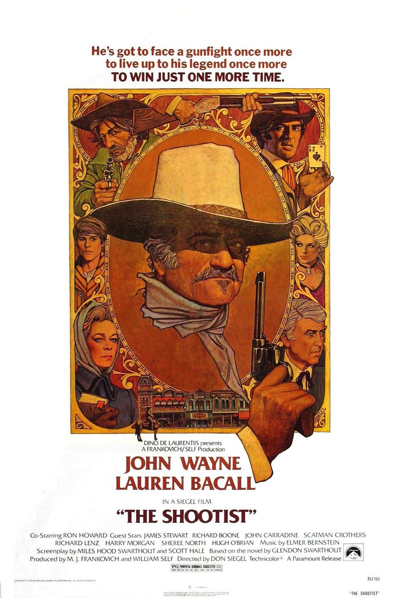 The Shootist, 1976. Art: Richard Amsel.I love 70s framing of posters on white backgrounds. The saturated tones are beautiful as are the depictions of the characters. It's bold and dynamic with Wayne centred in what looks like an ornate guilded framework.