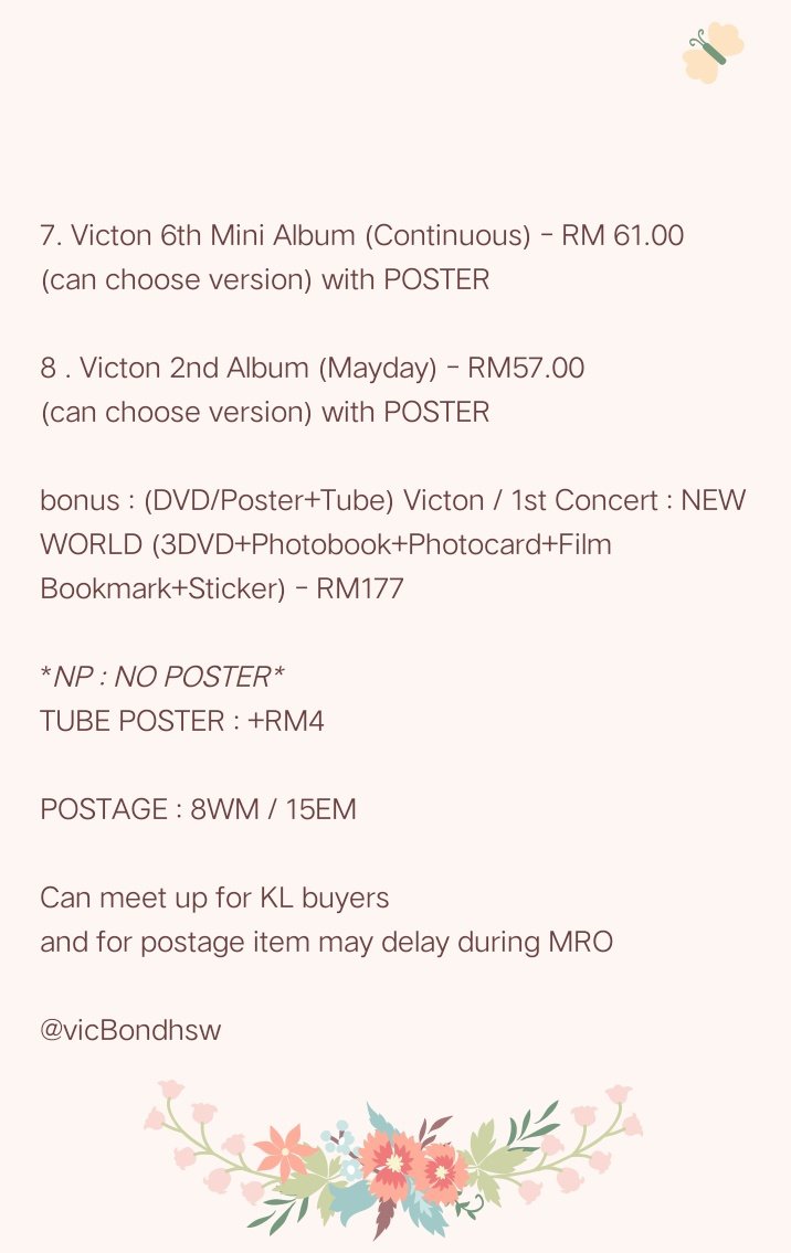 vicBondhsw's tweet photo. [MY GO] 🇲🇾 HELP RT 🙏
#VictonAlbum #MYgo #VictonMiniAlbum

° 𝐕𝐈𝐂𝐓𝐎𝐍'𝐬 𝐀𝐋𝐁𝐔𝐌 𝐂𝐎𝐋𝐋𝐄𝐂𝐓𝐈𝐎𝐍 °

✋🏻 Sealed

❌ Second Payment
📆 Due ~ 27/5 12 am *at noon*
🥰 ETA : Mid June/ End June

💖 DM to Order or any questions ! 
#yayaGOupdate #Victon https://t.co/qpCywKhSHF
