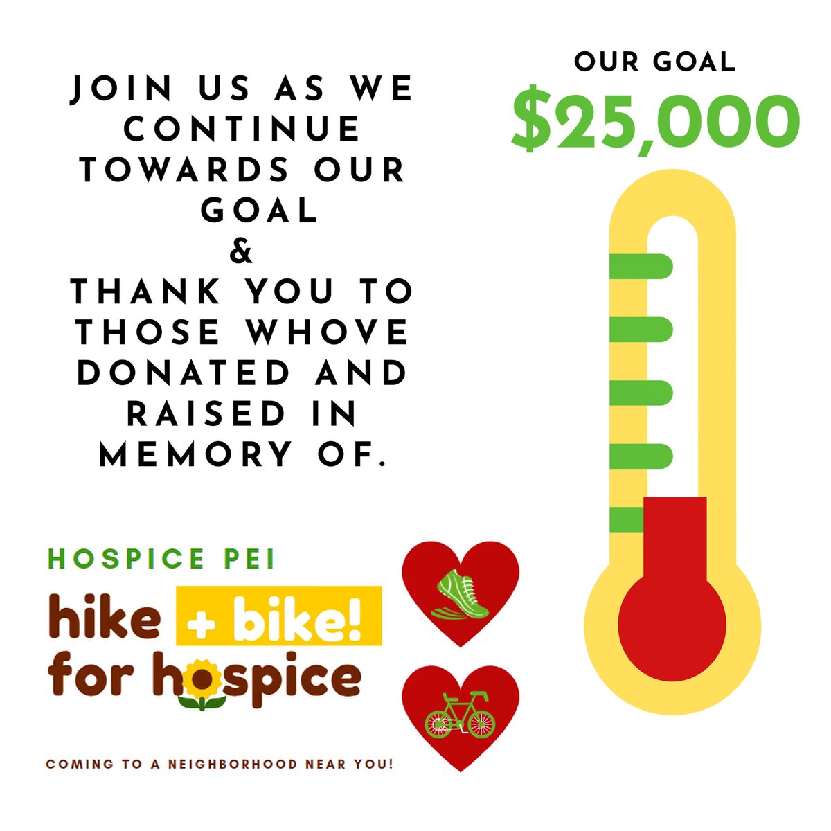 Over $5000 raised and counting, LETS GO PEI! We’ve got this.
Who will you Hike, Bike &amp; Raise in Memory Of?!
🏃‍♀️ 🚲 
hospicepei.ca/hike-for-hospi…