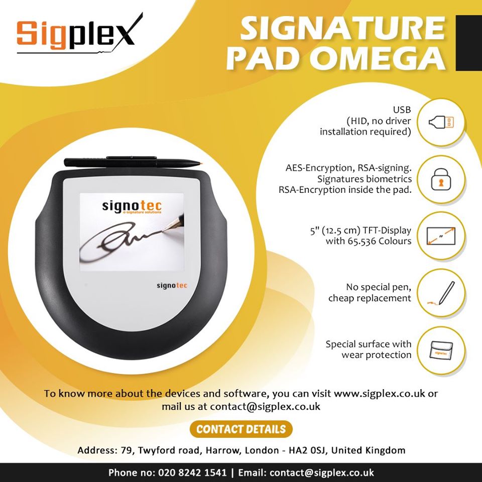 Sigplex's tweet photo. Signature Pad Omega - Sigplex
Read more - https://t.co/8Xlu8WLpQN
Call us - 02082421541
email us - contact@sigplex.co.uk
#Sigplex #signaturepad #digitalsignaturedevice #electronicsignature #esignature #digitalsignature #digitalsignatureonline #signpdf #London #UK https://t.co/49bOJ01Jrn