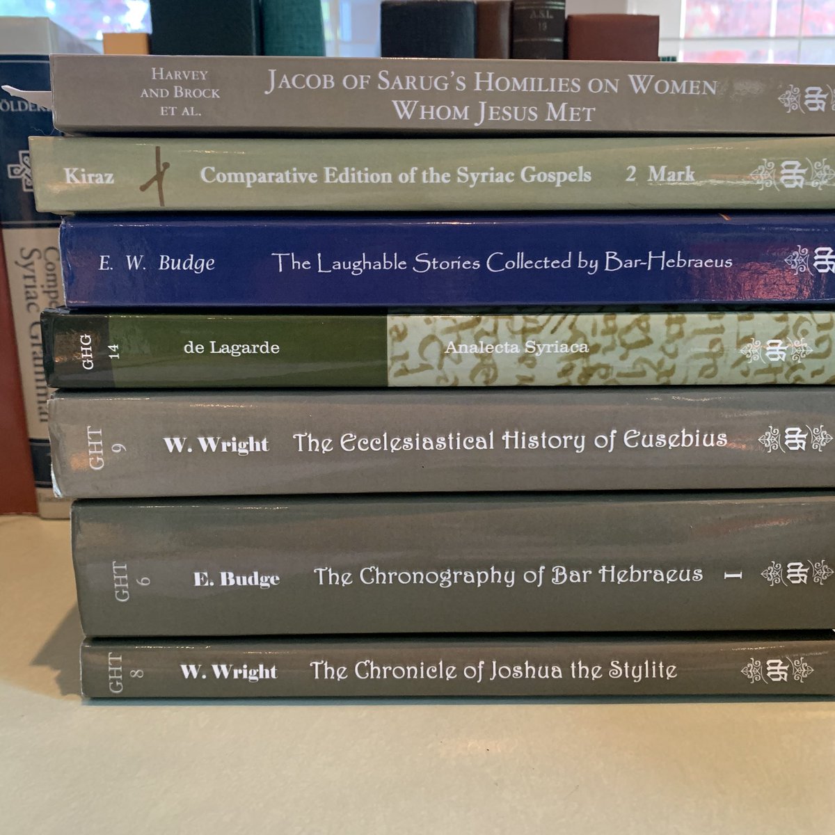 adamcmccollum's tweet photo. Happy Monday! Here are a few books from @gorgiaspress I have at home now. The one on top is by @danielpicus @r_falcasantos @mlawrencepayne &co #syriac #syriaclit #jacobofsarug #barhebraeus #eusebius #joshuathestylite #analectasyriaca #williamwright #eawbudge https://t.co/54au74ysjM
