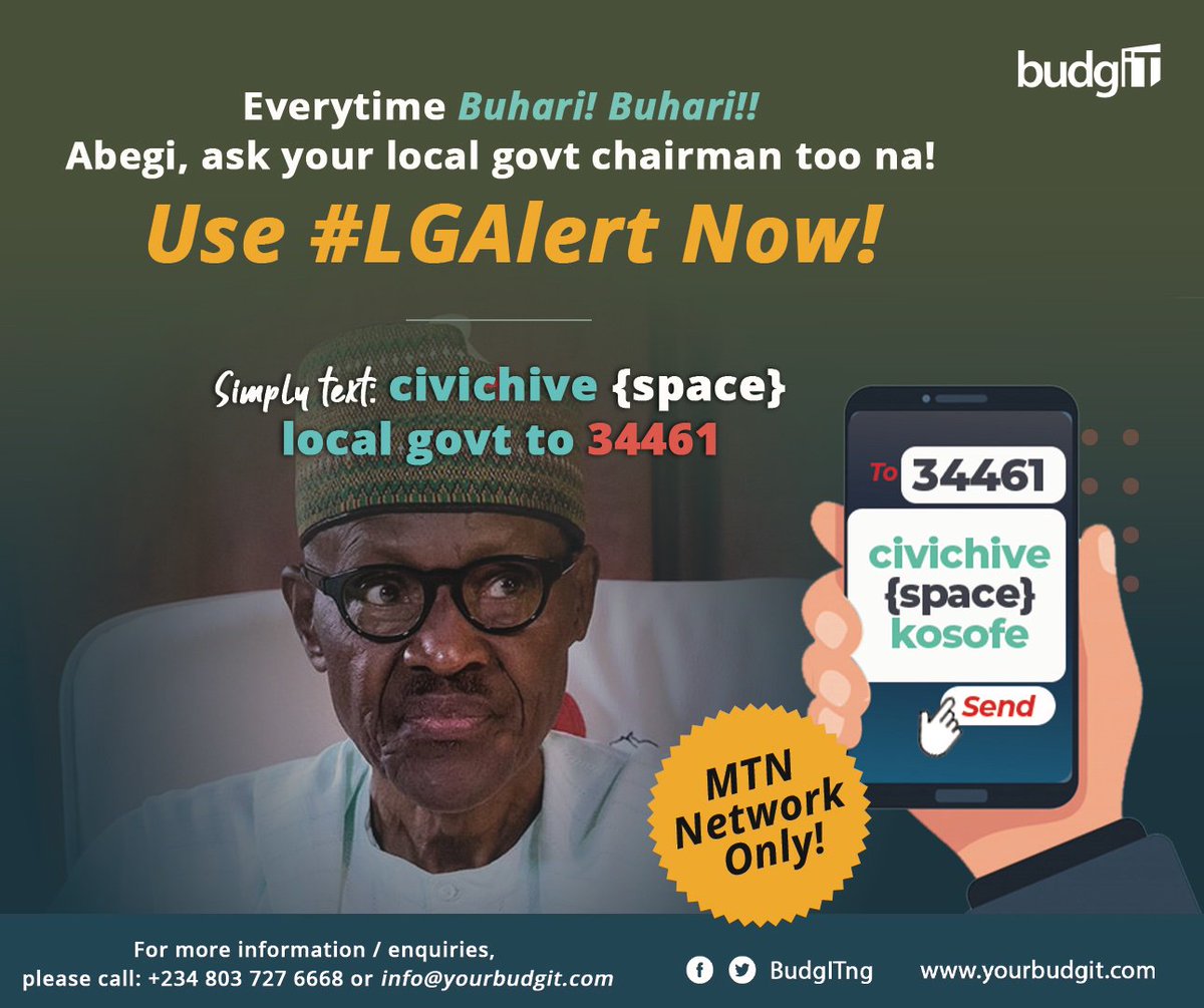 TrackaNG's tweet photo. Dear Nigerians,

It’s not every time Buhari Buhari [@MBuhari].

Your local government authority – the closest govt to you – sits on billions of federal/other allocations with little impact to show for it.

Will you join BudgIT in demanding accountability of LGs?

Use #LGAlert 👇 https://t.co/5WrH7xPks7