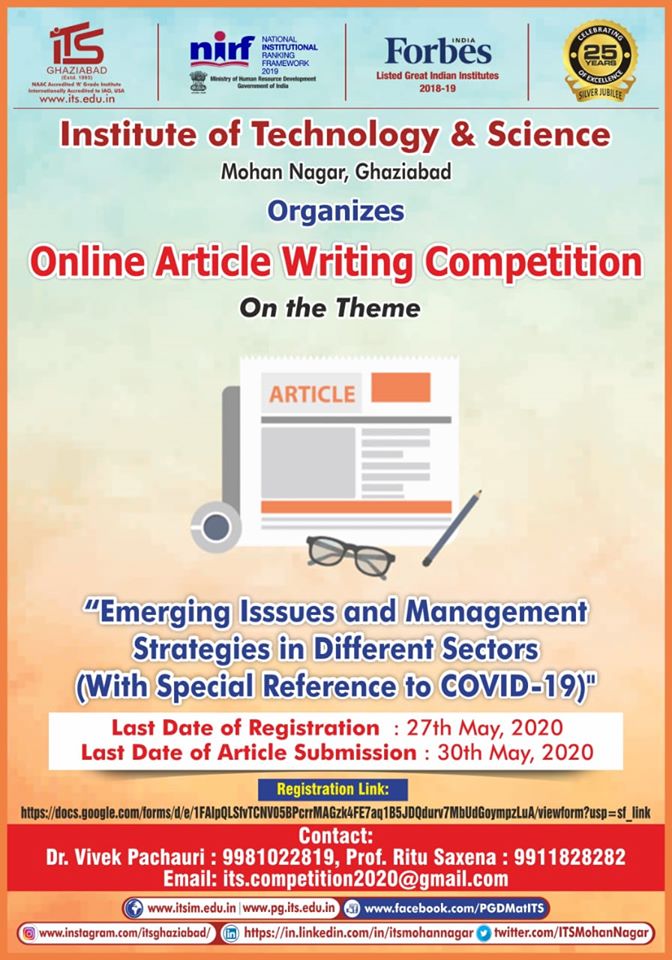ITSEduGroup's tweet photo. #ArticleWritingCompetition
#Theme: “Emerging Issues and Management Strategies in Different Sectors".
Registration Date: 27th May 2020.
Click here - https://t.co/lkCuCwAhNq
Article Submission Link- https://t.co/9oYAhsTWhr
Dr. Vivek Pachauri: 9981022819, 7900708418, 9911828282 https://t.co/ZsHmUk9J4c