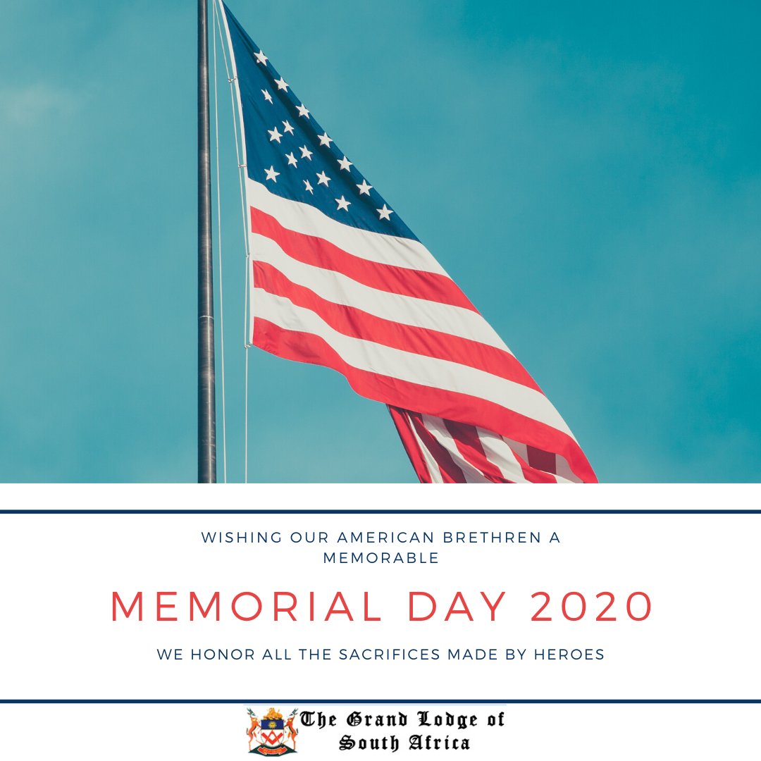 FreemasonsSA's tweet photo. We wish all our American Brethren a Memorable Memorial Day. We join you as you honour the brave souls who made the ultimate sacrifice. 

#freemason #masonic #mason #masons #freemasonry #masonry #smib #masonictemple #freemasons #compass #square #memorialday  #usa #thankyou https://t.co/jZCLdv3jkw