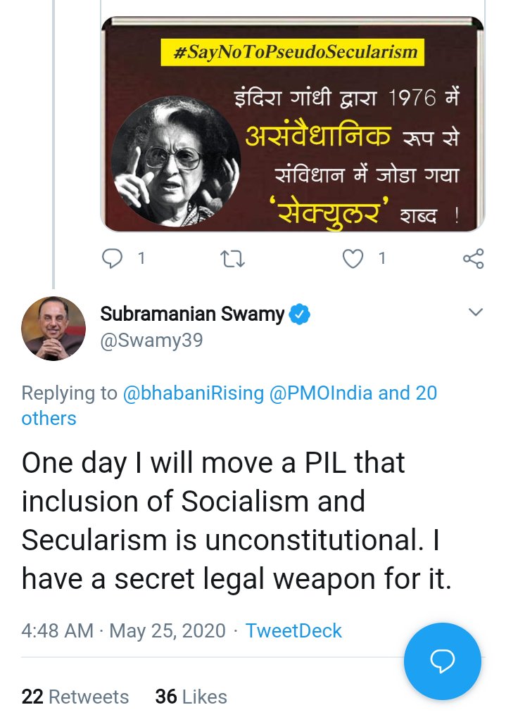 Funny party is that he claims to possess a 'secret legal weapon' for removing words like Secular & Socialist from the Preamble but perhaps he might be waiting for 'Muhurat' Funnier part is that despite his 'influence' with previous INC govts, he couldn't remove those words. 3/3
