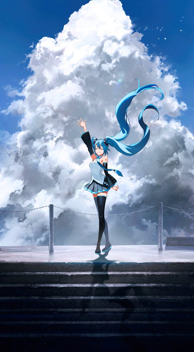 hatsune miku 1girl solo long hair twintails skirt necktie cloud  illustration images