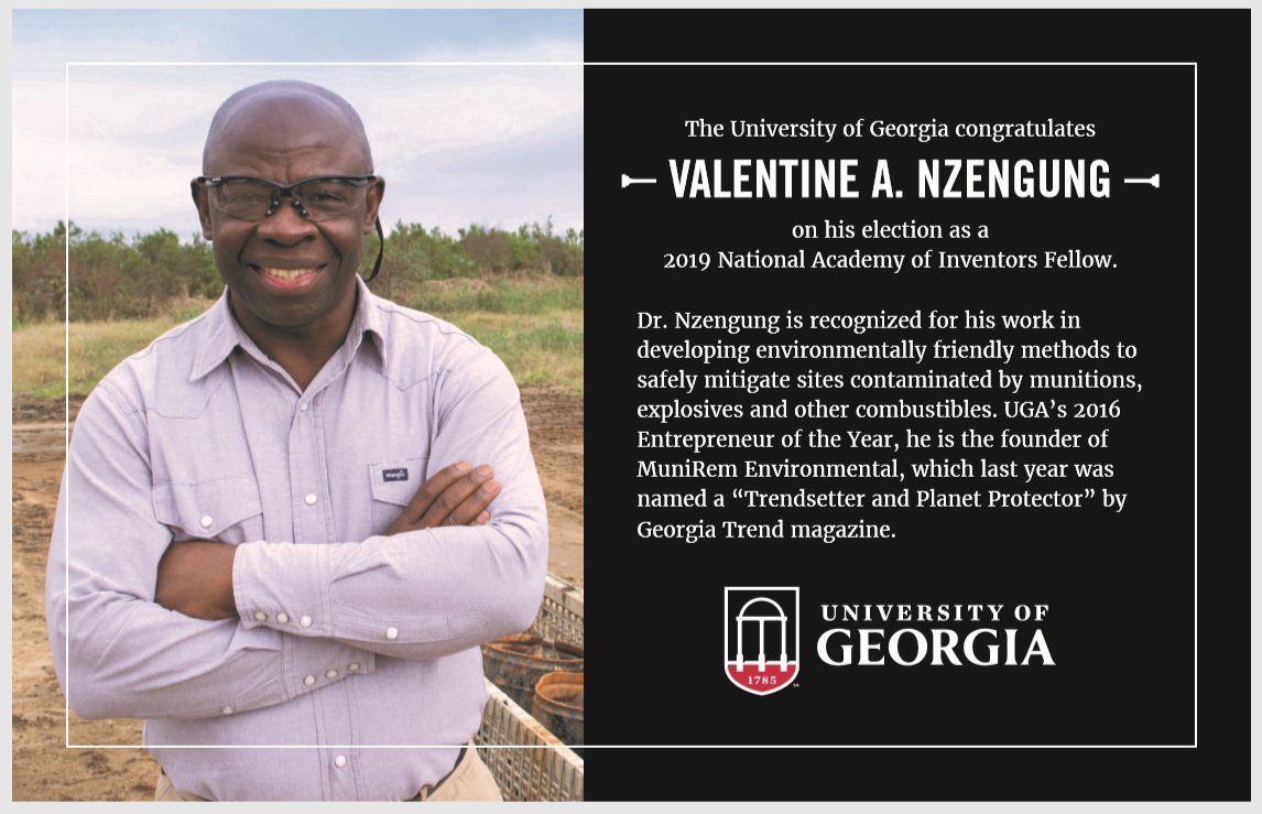 Congratulations to Dr. Valentine Nzengung at The University of Georgia his election as #NAIFellow! 

We also thank him for sharing his story of MuniRem that neutralizes explosives using #EarthFriendly ingenuity!
bit.ly/2YhiL7K University of Georgia