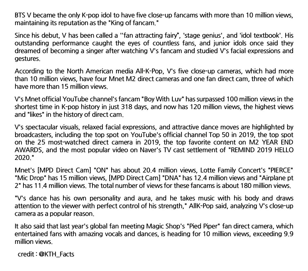Kth Facts Su Twitter Article Kmedia Reported That Bts V Became The Only K Pop Idol To Have 5 Fancams With More Than 10 M Views Maintaining His Reputation As King Of Fancams His