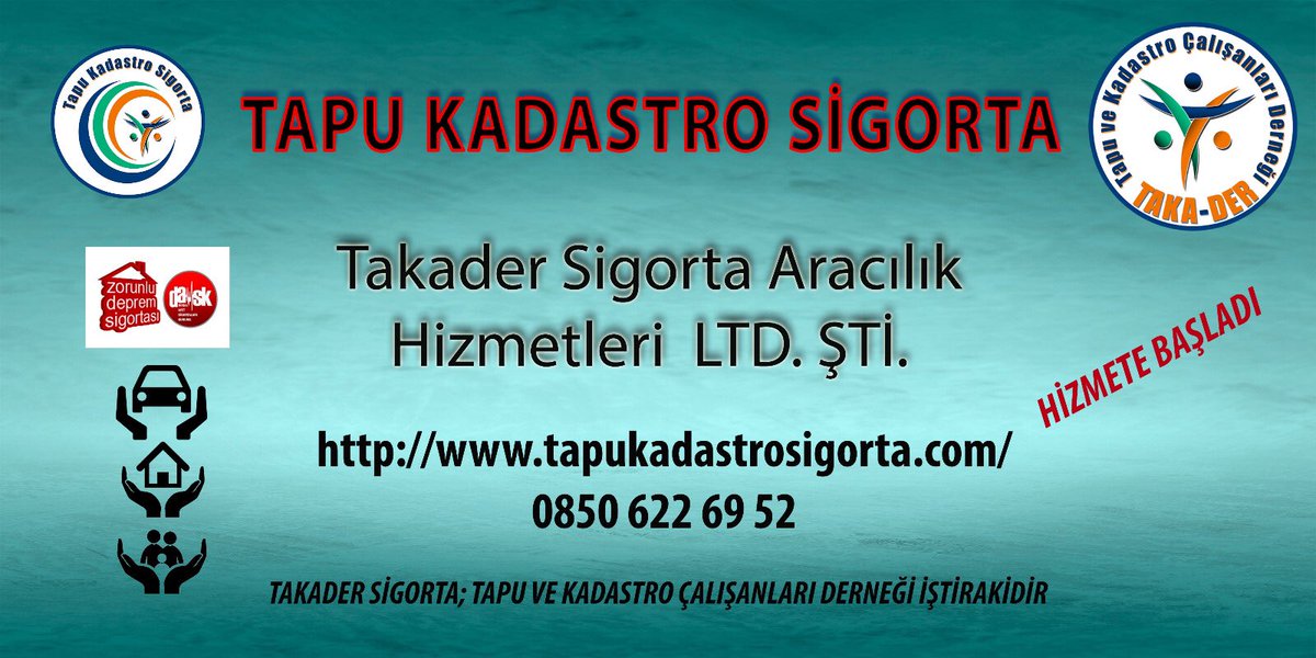 ➡️TAPU KADASTRO SİGORTA⬅️ 

🔸Takader Sigorta Aracılık 
Hizmetleri  LTD. ŞTİ.🔸

🔴 Hizmet Hayatına Başladı...

🟠 tapukadastrosigorta.com