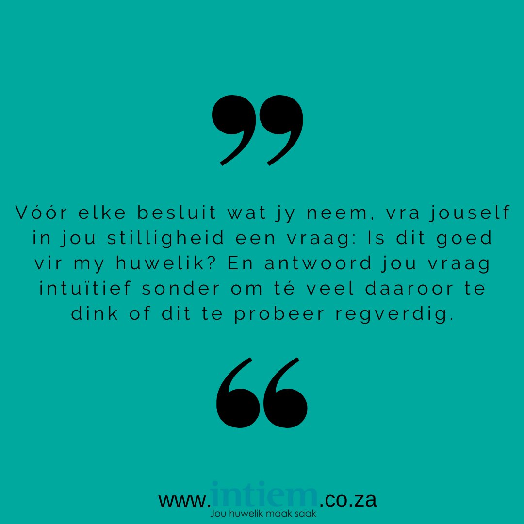 INTIEMhuwelik's tweet photo. Vra jouself een vraag: Is dit goed vir my huwelik?
#JouHuwelikMaakSaak #GedugteSpan #huwelik #getroud https://t.co/pvSFAIzpCk