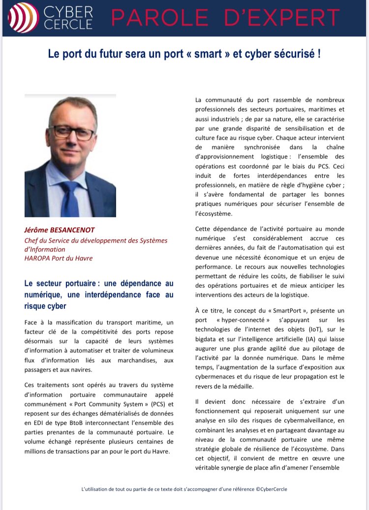 📣 A lire - « Le port du futur sera un port « smart » et cyber sécurisé ! », une tribune de Jérôme Besancenot, Chef du Service du développement des Systèmes d’Information @Haropaports Port du Havre
urlz.fr/cKQ0 

#cybermaritime #portuaire #cybersecurite #smartportcity