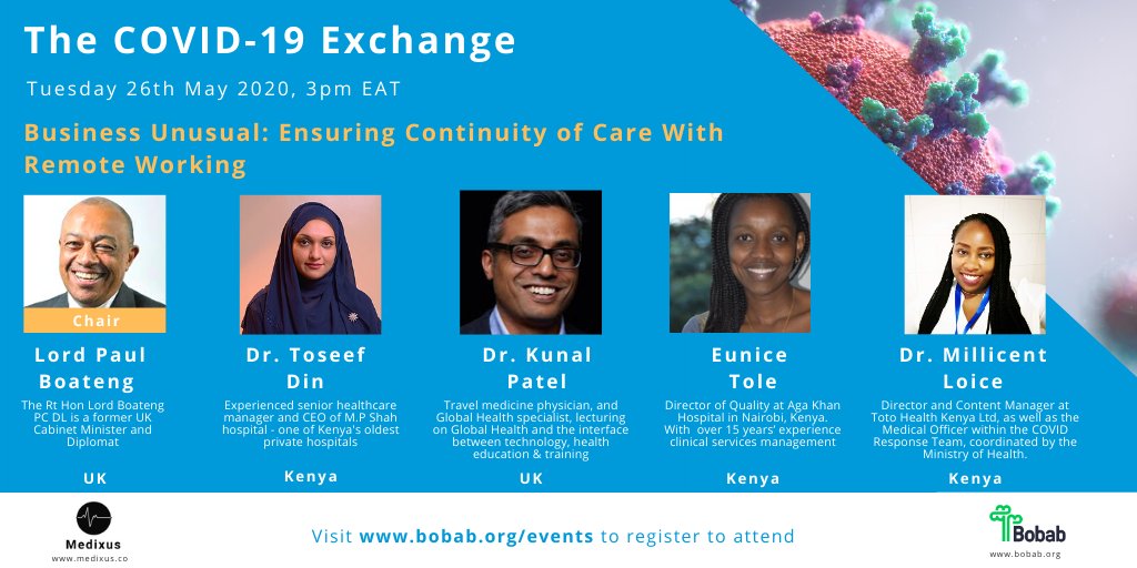 It’s another fantastic lineup of speakers for the next webinar in the COVID-19 Exchange series, delivered by Bobab and <a href="/Medixus/">Reinhard Schirmer</a> 

Register today at bobab.org/events.

#covid19 #publichealth #scienceafrica #remoteworking