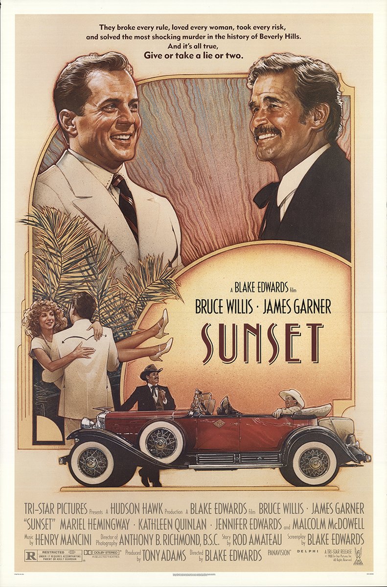 Sunset, 1988. Art: Drew Struzan.Glorious Drew work on the likenesses (of course!) and the art deco framing fits the films 1920s setting. Lovely spacing set up for the title block in the circular area and to underline it all, a big Duesenberg Model J car! Great warm tones also