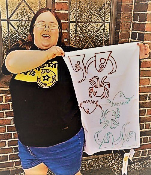 <a href="/superstararts/">superstararts</a> Grab a Crab Attack tea towel from suerstararts.com/shop #worthing #brighton #learningdisability #printmaking #craft #mencap #bbcsouthtoday #aoh2020