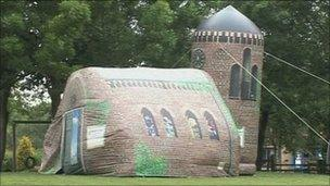 BBC News: "An inflatable church is touring North Yorkshire to enable school pupils to experience prayer."  https://www.bbc.com/news/uk-england-york-north-yorkshire-13759740