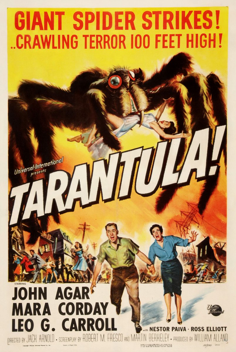 Tarantula, 1955. Art: Reynold Brown.I also love the one sheets of the 50s. Often a striking scene depicted as if in the film to grab audiences in. This really feels like advert than great art at the time and viewed as a cliched style now. Notice the spiders 2 eyes rather than 8